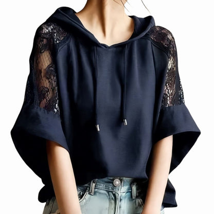 Color Block Lace Patchwork Hoodie with Flared Sleeves