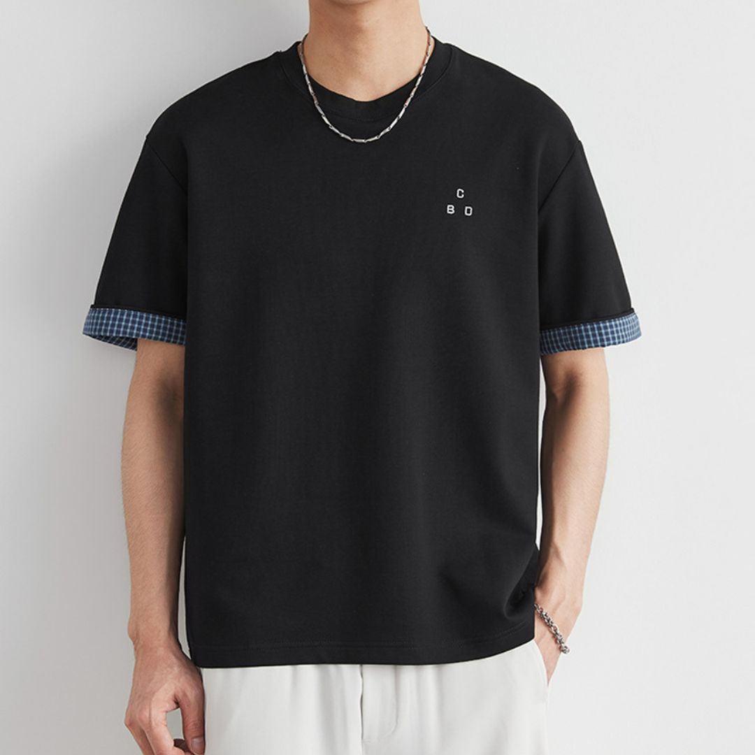 Plaid Rolled Cuff Patchwork T Shirt