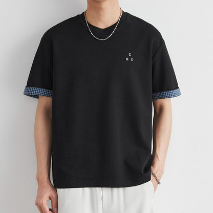 Plaid Rolled Cuff Patchwork T Shirt