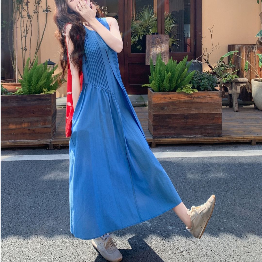 Ruched Vintage Sleeveless Midi Tank Dress
