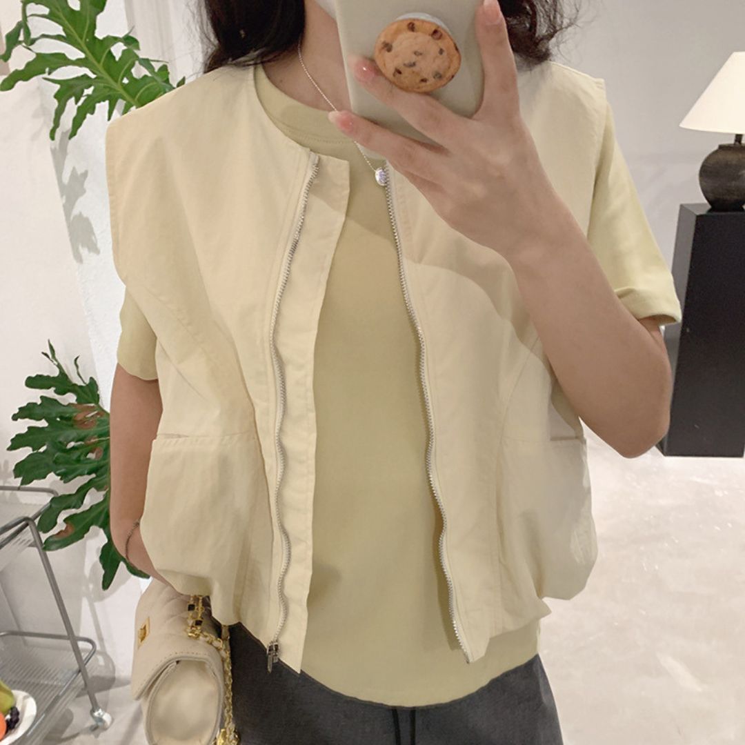 女士簡約斜口袋拉鍊背心