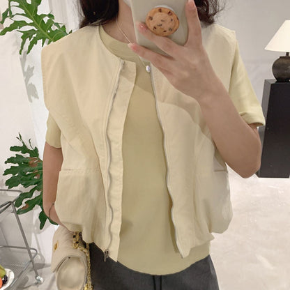 女士簡約斜口袋拉鍊背心