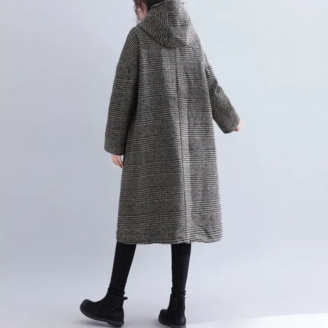 Japanese-Style Houndstooth Mid-Length Coat