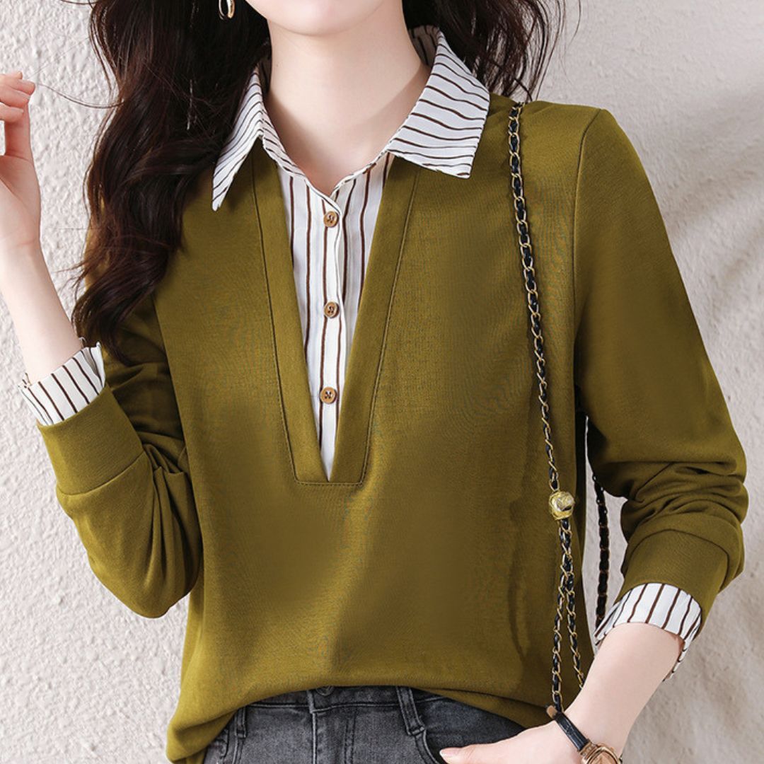 Striped Lapels Fake Two Long-sleeved Tops