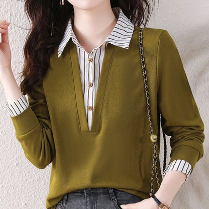 Striped Lapels Fake Two Long-sleeved Tops