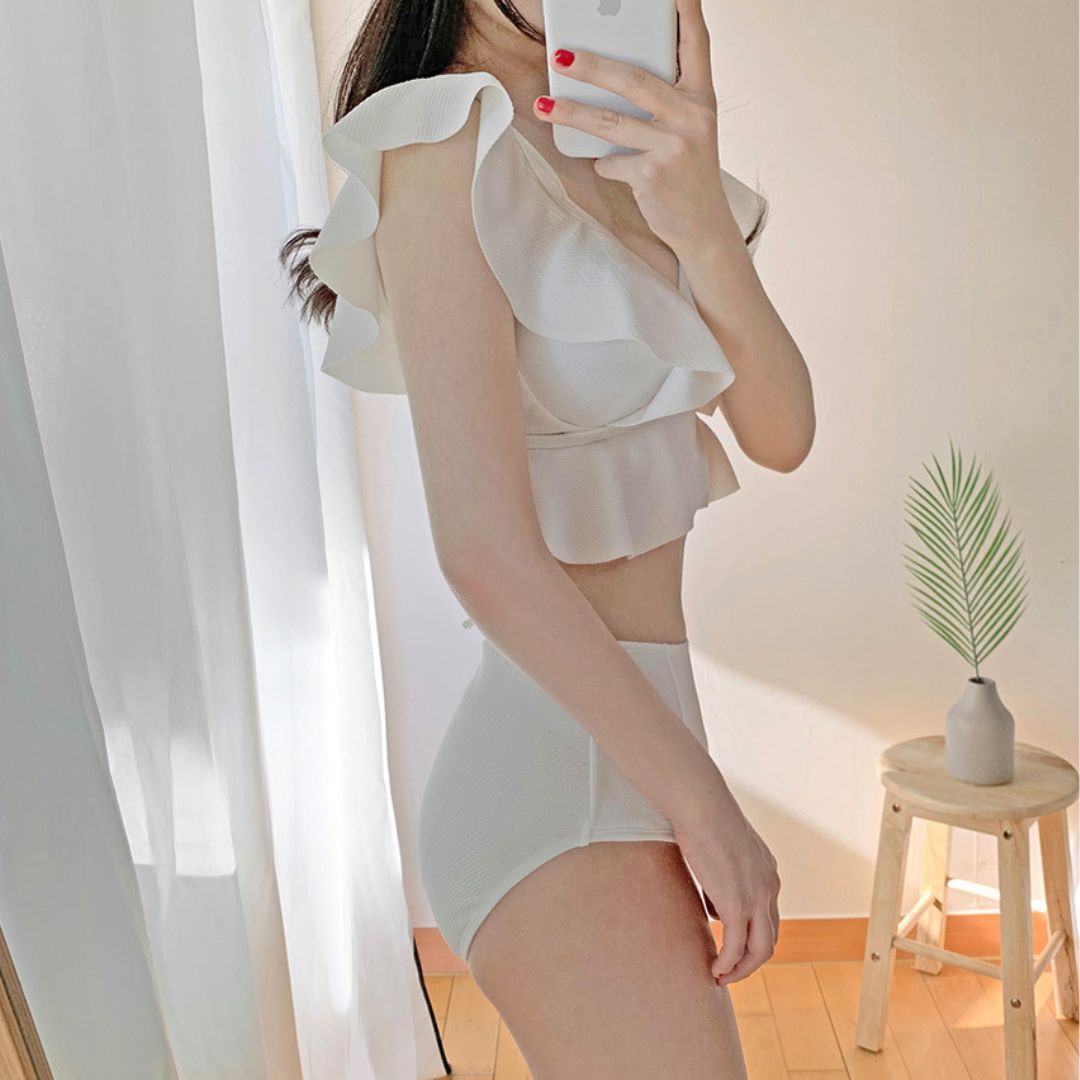 Ruffled High Waist Tummy Covering Two Piece Swimsuit