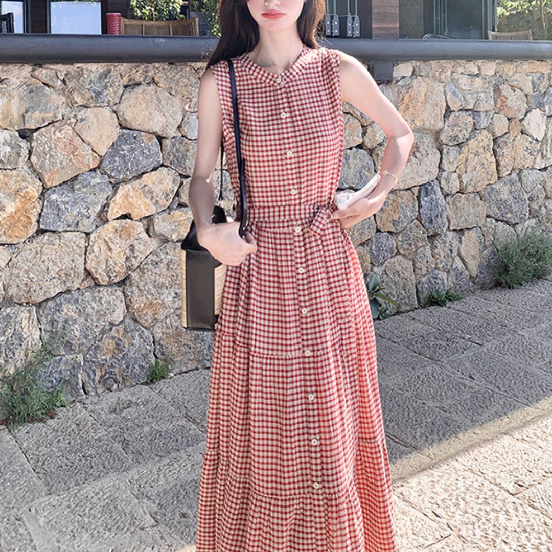 Vintage Red Plaid Sleeveless Fitted Dress