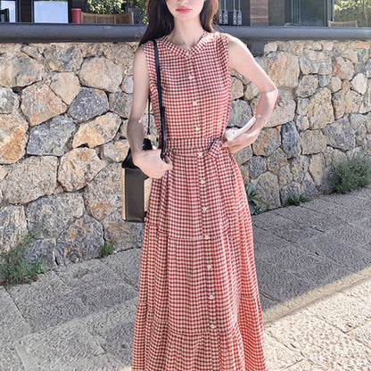 Vintage Red Plaid Sleeveless Fitted Dress