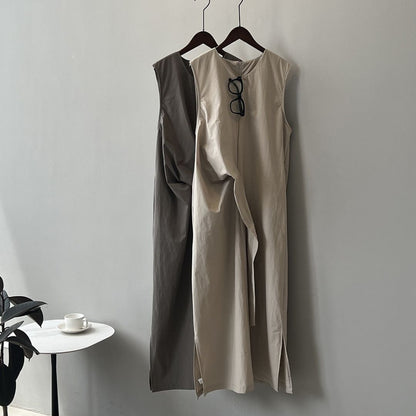 Sleeveless Long Dress with Cinched Tie-Waist Design