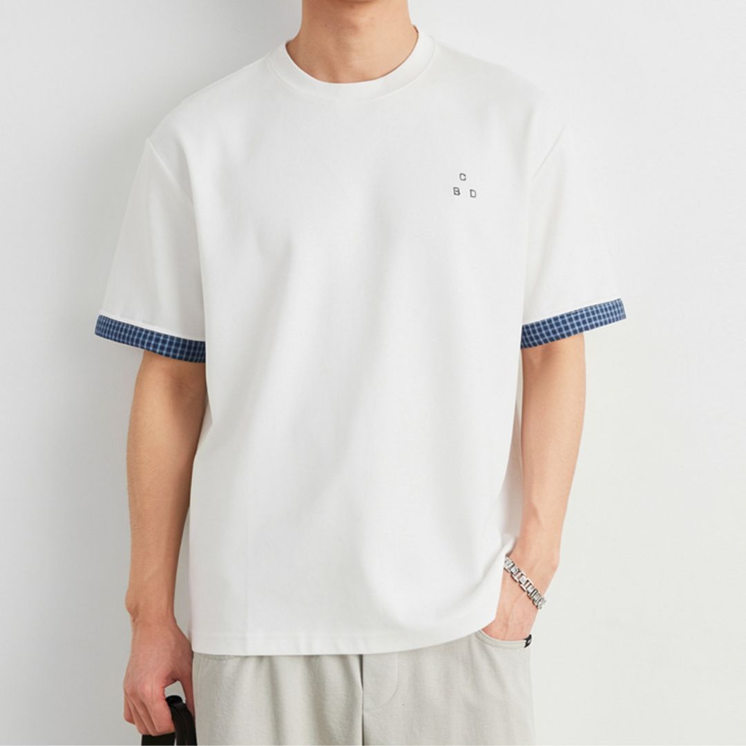 Plaid Rolled Cuff Patchwork T Shirt