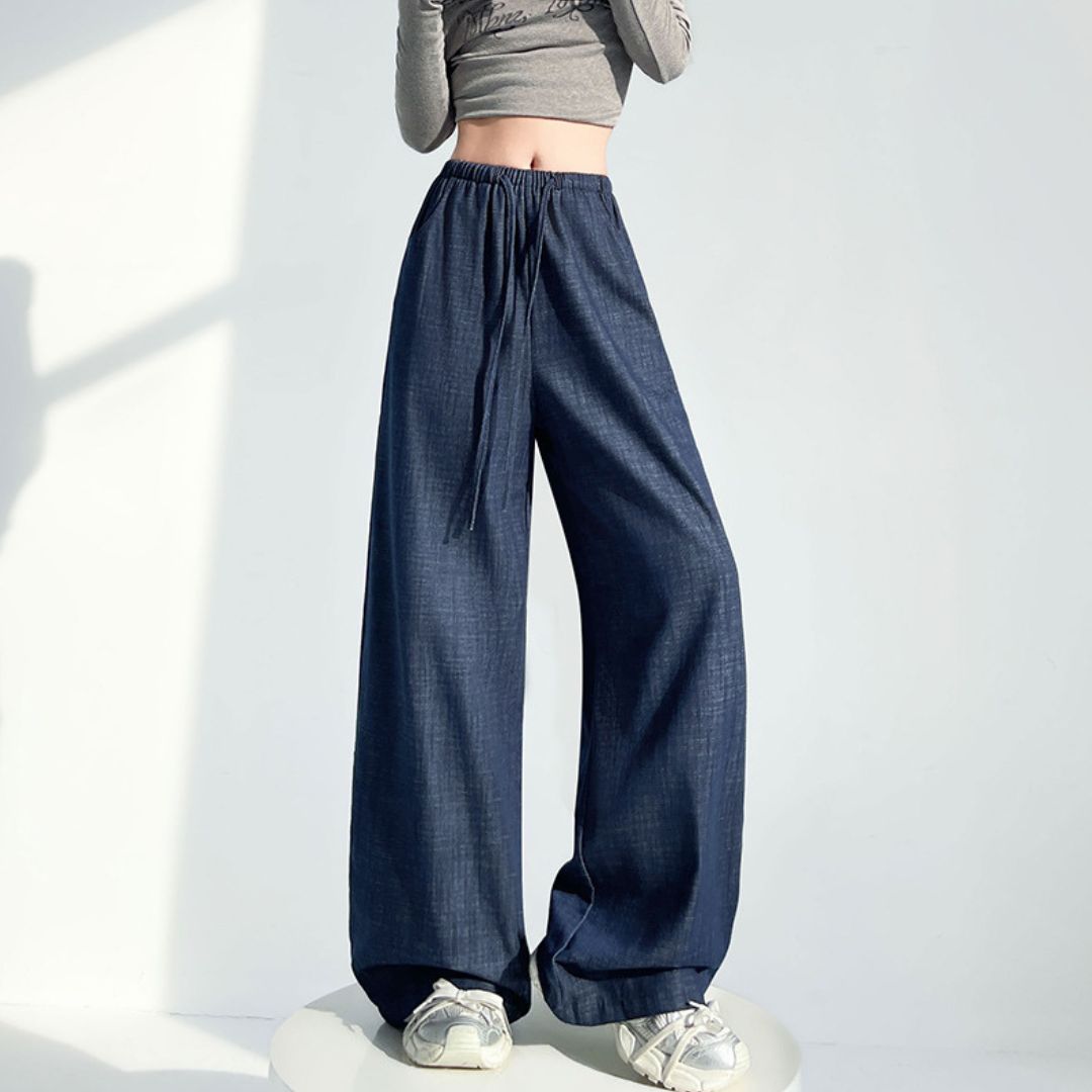ドローストリングウエストストレートワイドレッグデニムパンツ 
