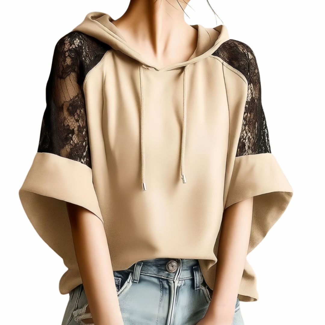 Color Block Lace Patchwork Hoodie with Flared Sleeves