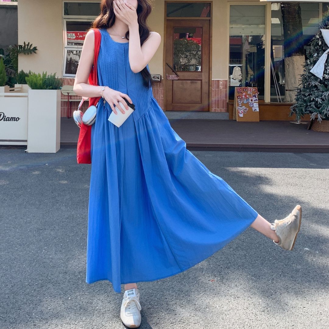 Ruched Vintage Sleeveless Midi Tank Dress