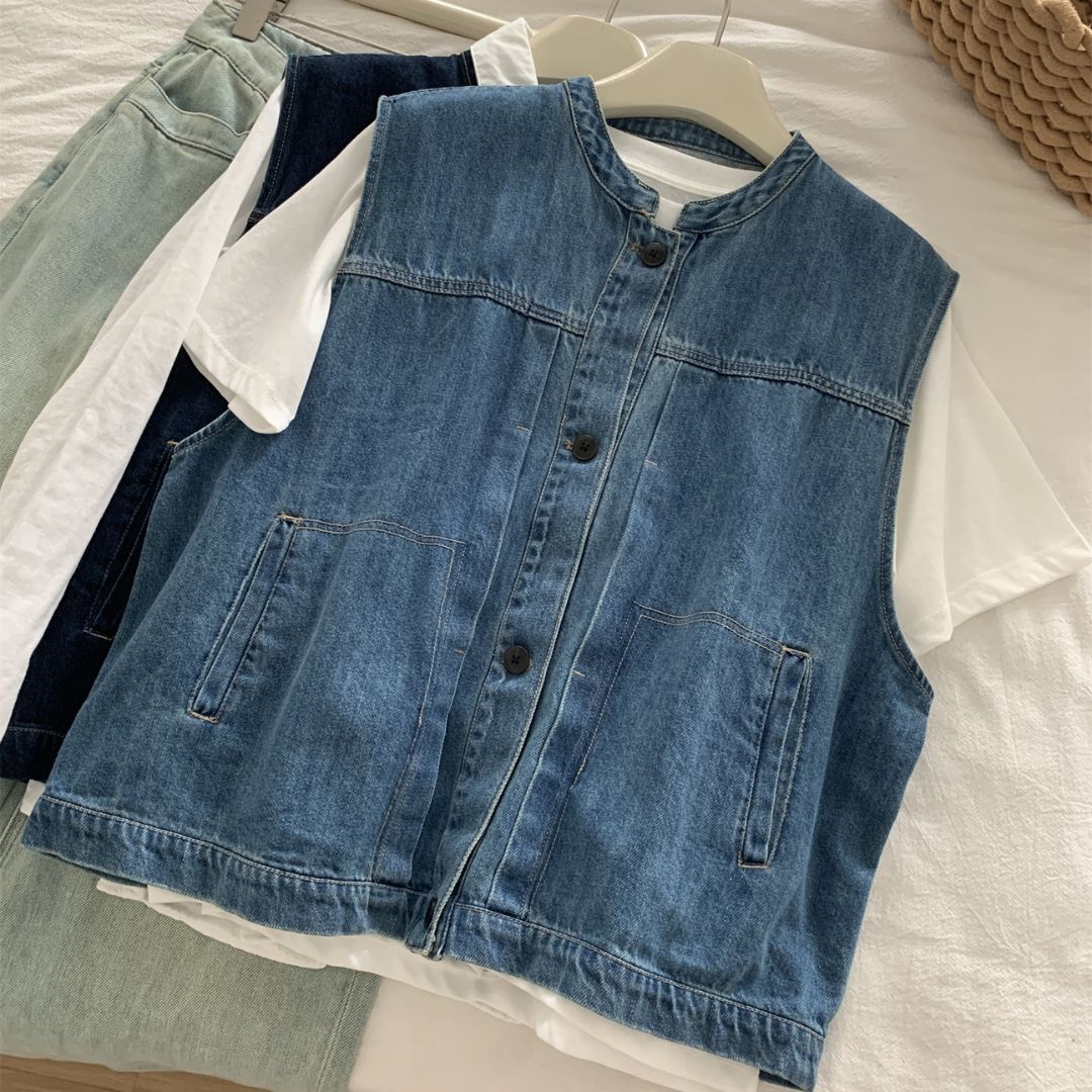 Women's Denim Sleeveless Top with Petite Mandarin Collar