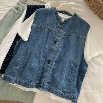 Women's Denim Sleeveless Top with Petite Mandarin Collar