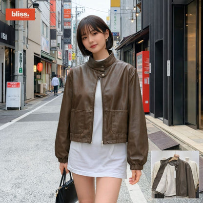 スタンドカラーのフリース裏地フェイクレザージャケット