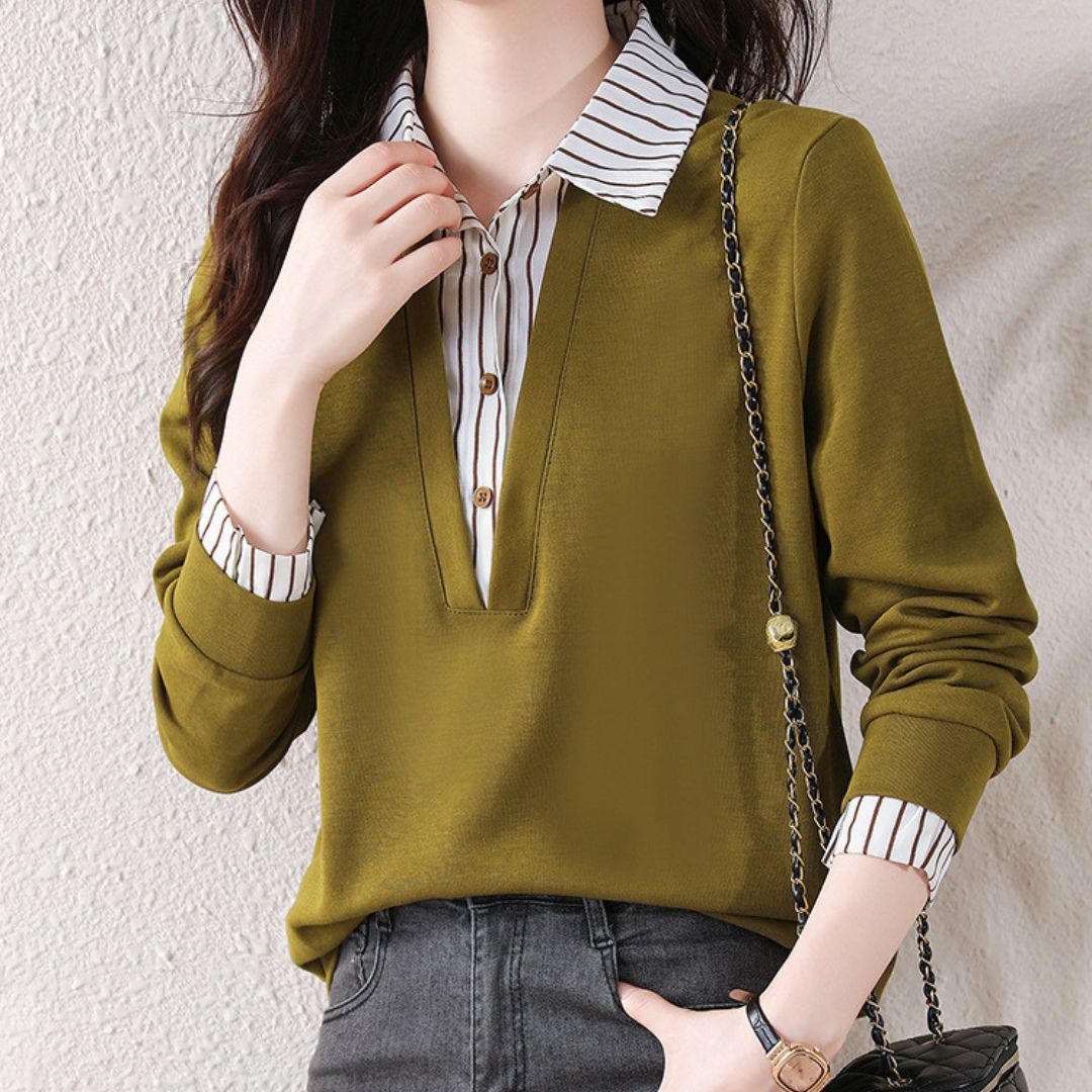 Striped Lapels Fake Two Long-sleeved Tops