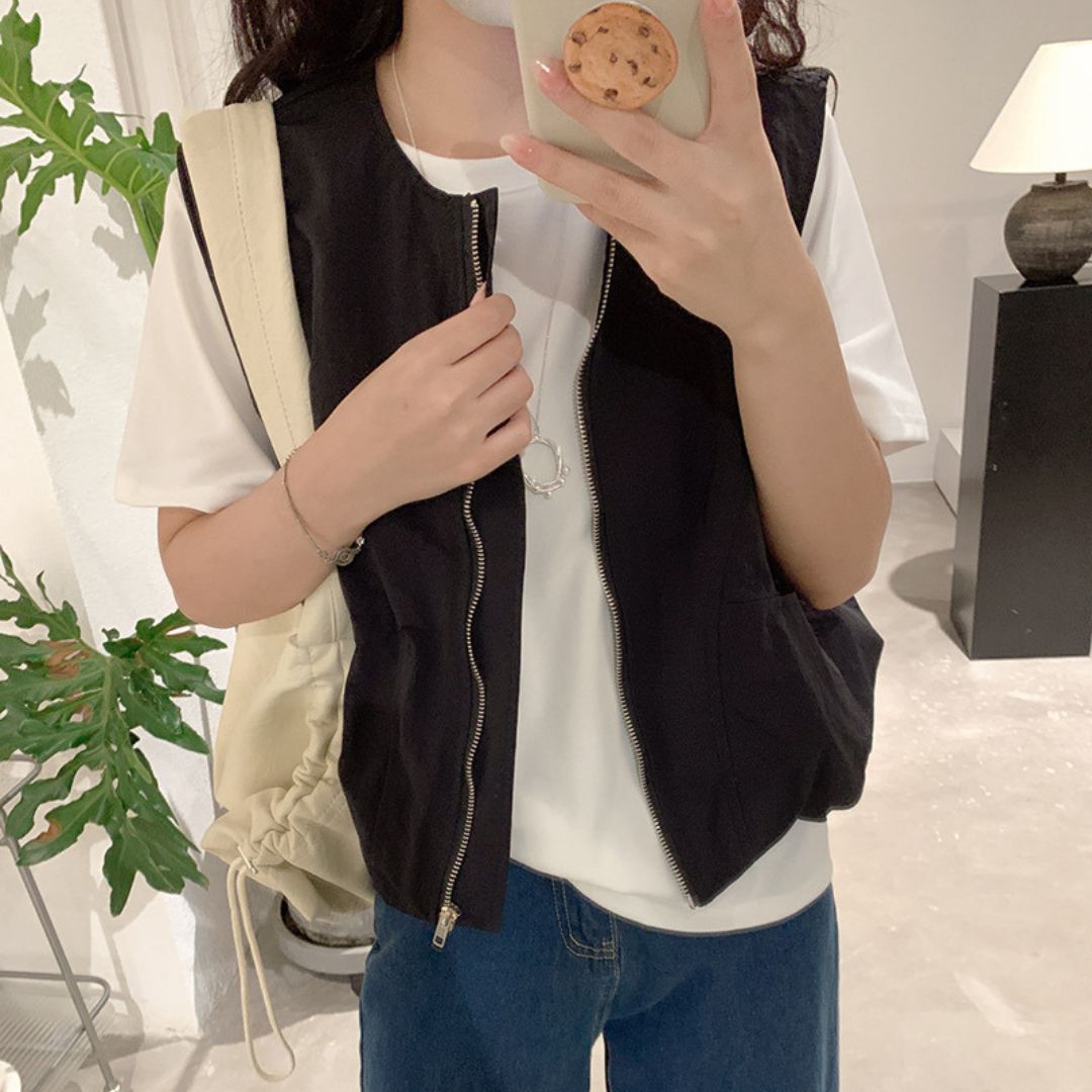 女士簡約斜口袋拉鍊背心