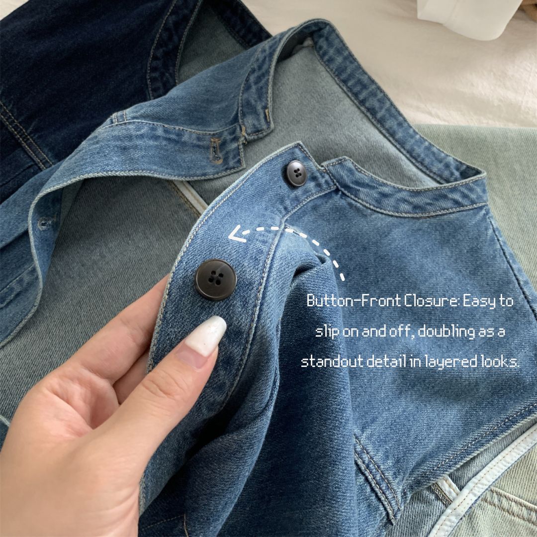 Women's Denim Sleeveless Top with Petite Mandarin Collar