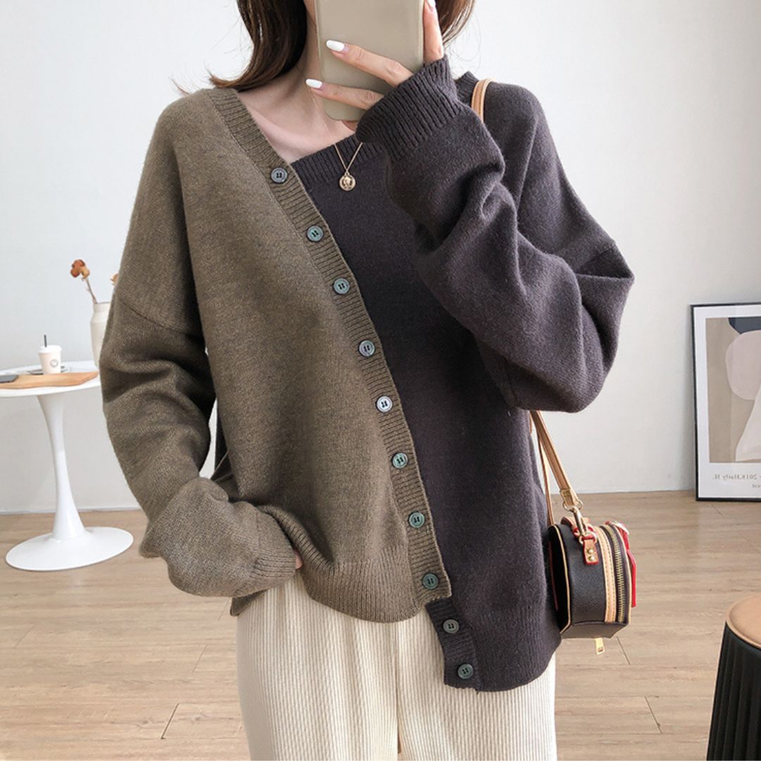 Japanese-style Asymmetrical Color-Block Knit Sweater