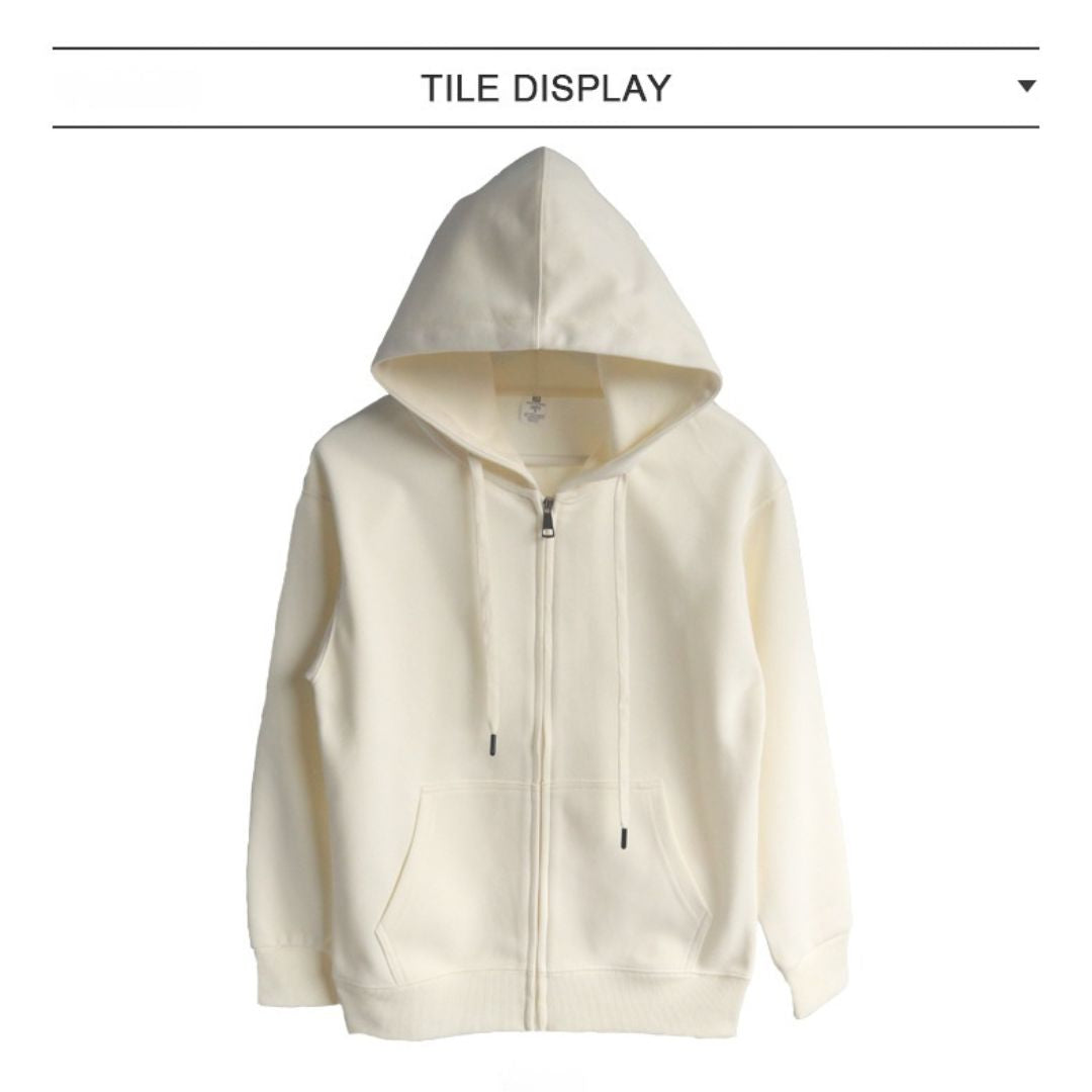 Solid Color Cotton Hooded Zip-Up Jacket