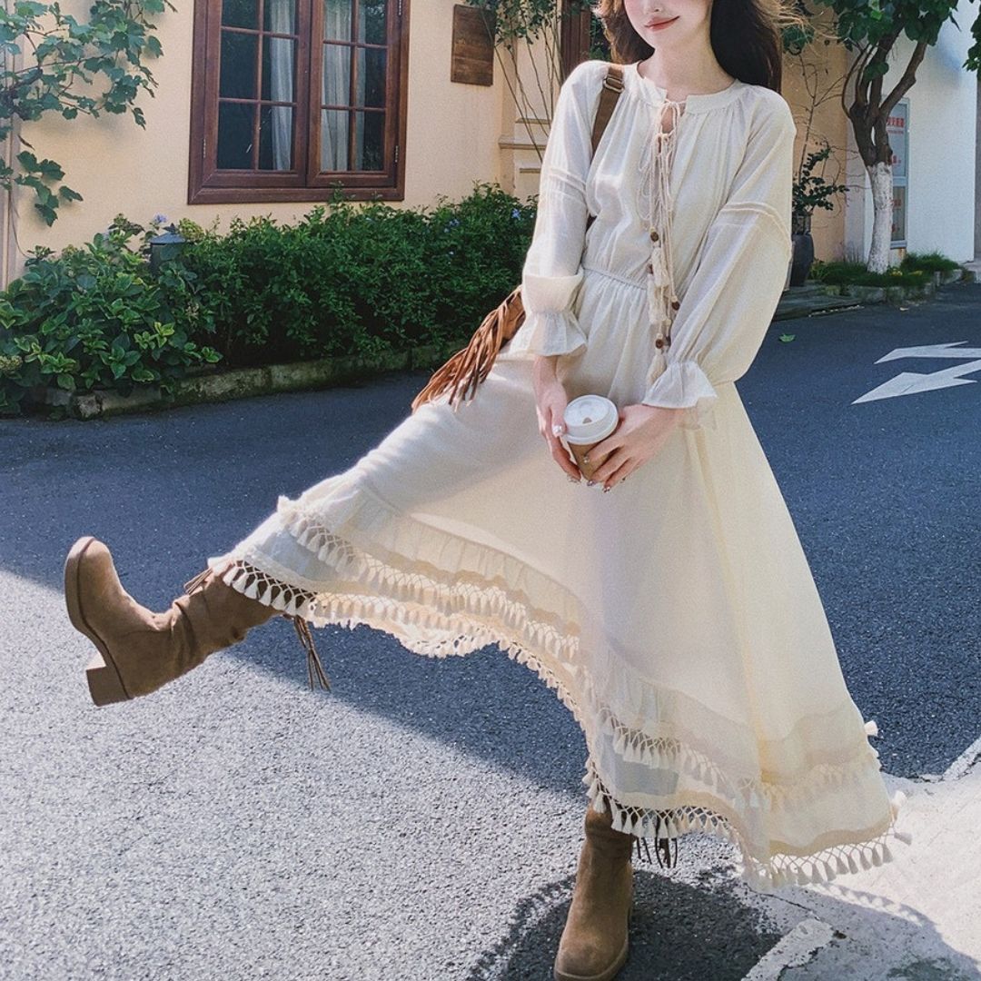 Ethnic Style Tassel Vest & Dress Two Piece Set