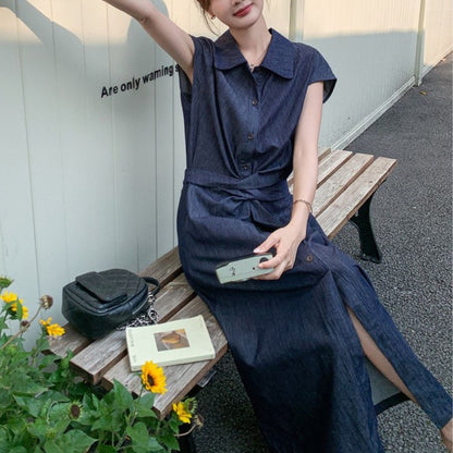 Minimalist Tie Waist Denim Dress