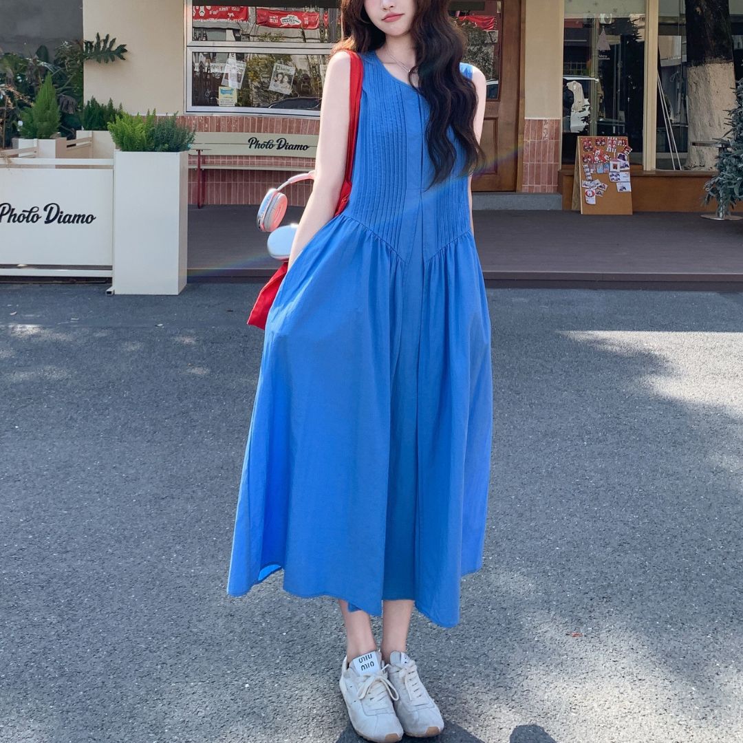 Ruched Vintage Sleeveless Midi Tank Dress