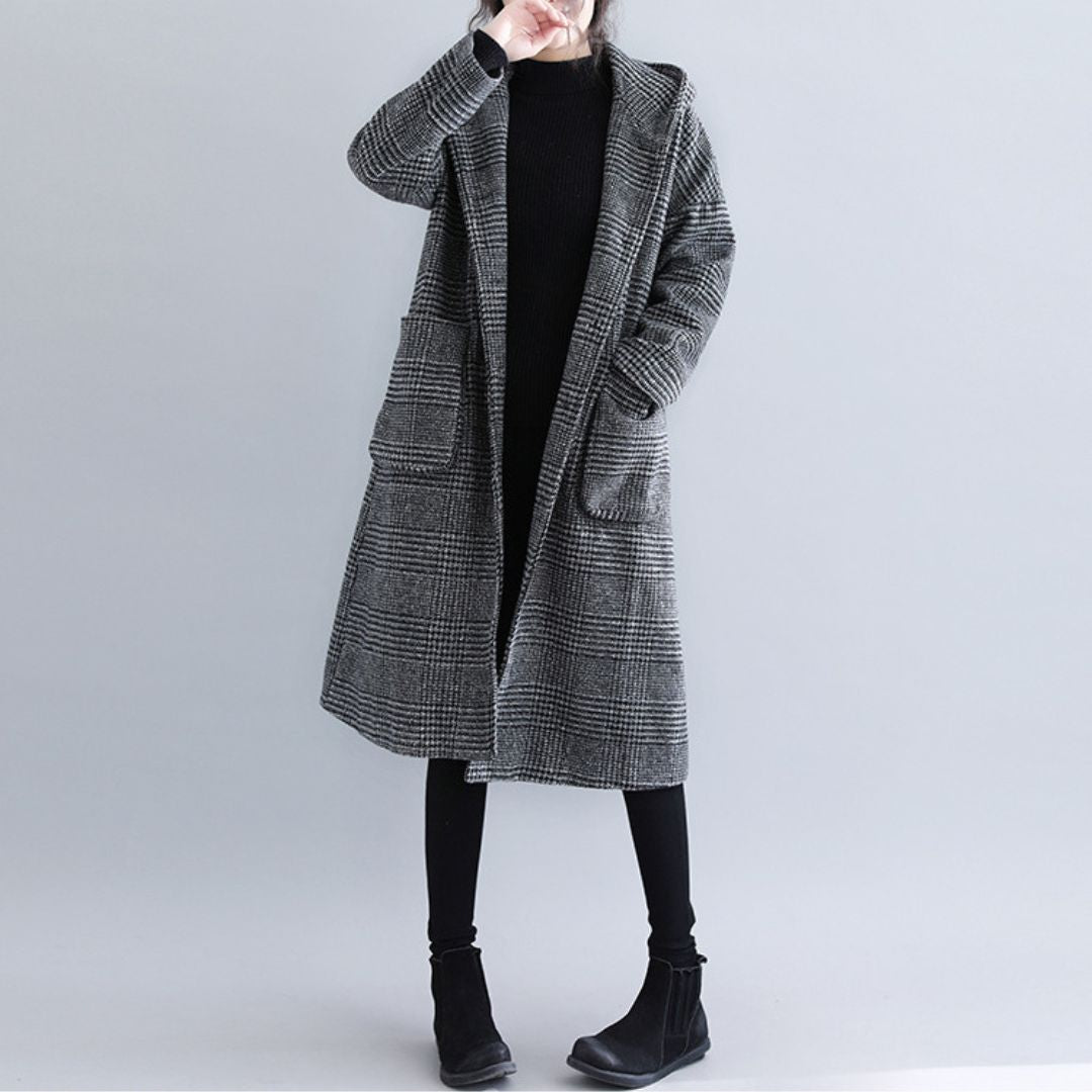 Japanese-Style Houndstooth Mid-Length Coat