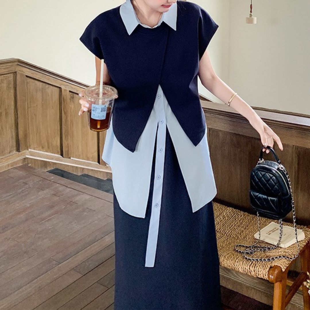 Deep Navy Irregular Shirt Set Dress