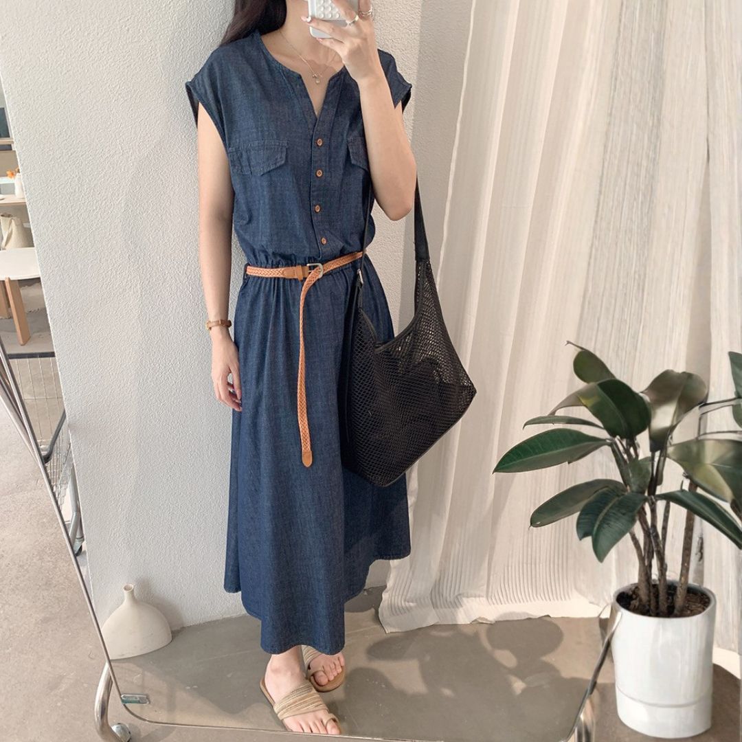 V Neck Lightweight Vintage Denim Dress