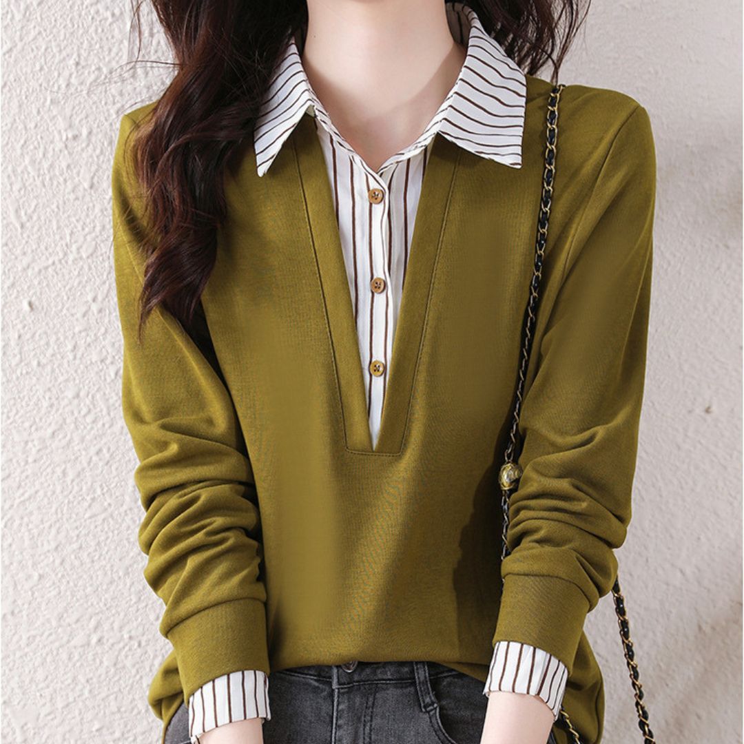 Striped Lapels Fake Two Long-sleeved Tops