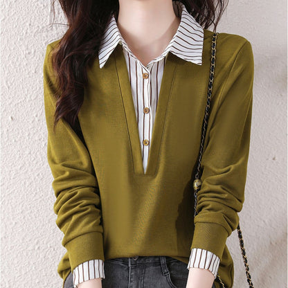 Striped Lapels Fake Two Long-sleeved Tops