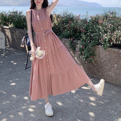 Vintage Red Plaid Sleeveless Fitted Dress