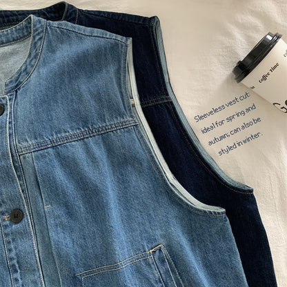 Women's Denim Sleeveless Top with Petite Mandarin Collar