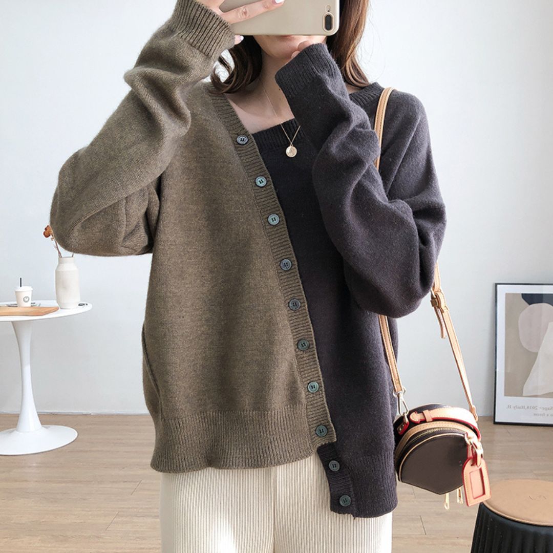 Japanese-style Asymmetrical Color-Block Knit Sweater
