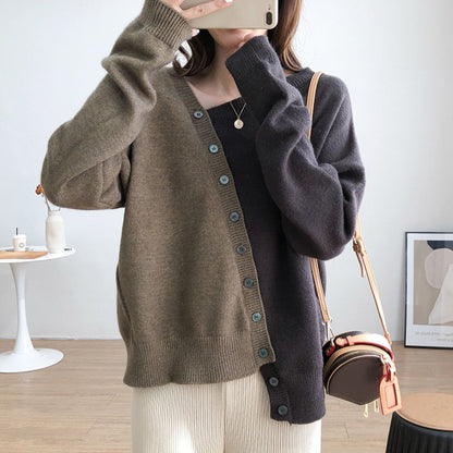 Japanese-style Asymmetrical Color-Block Knit Sweater