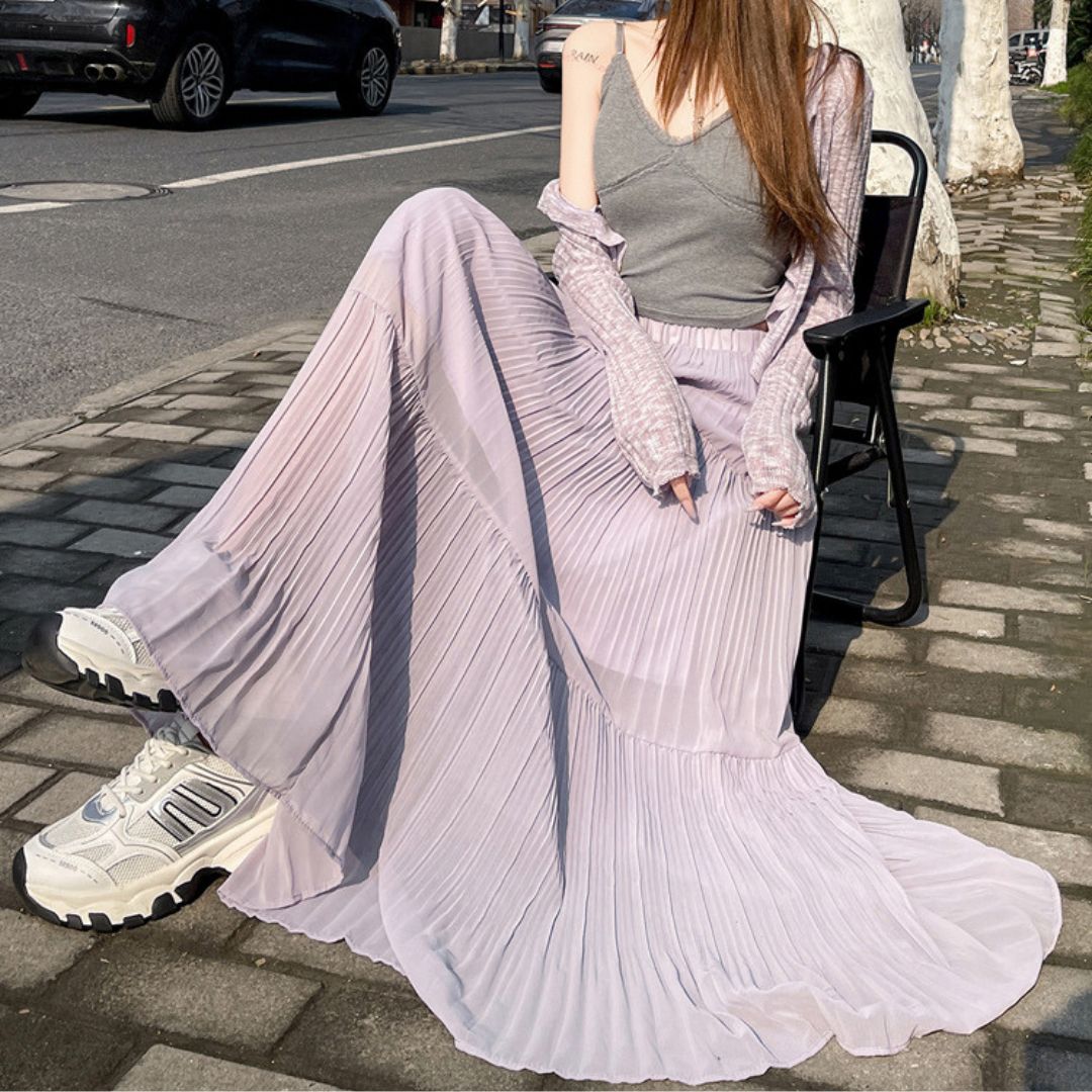 Spring-Summer High-Waist Flowy Pleated Maxi Skirt
