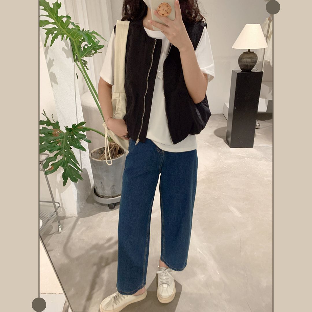 女士簡約斜口袋拉鍊背心