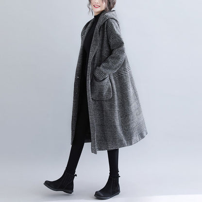 Japanese-Style Houndstooth Mid-Length Coat