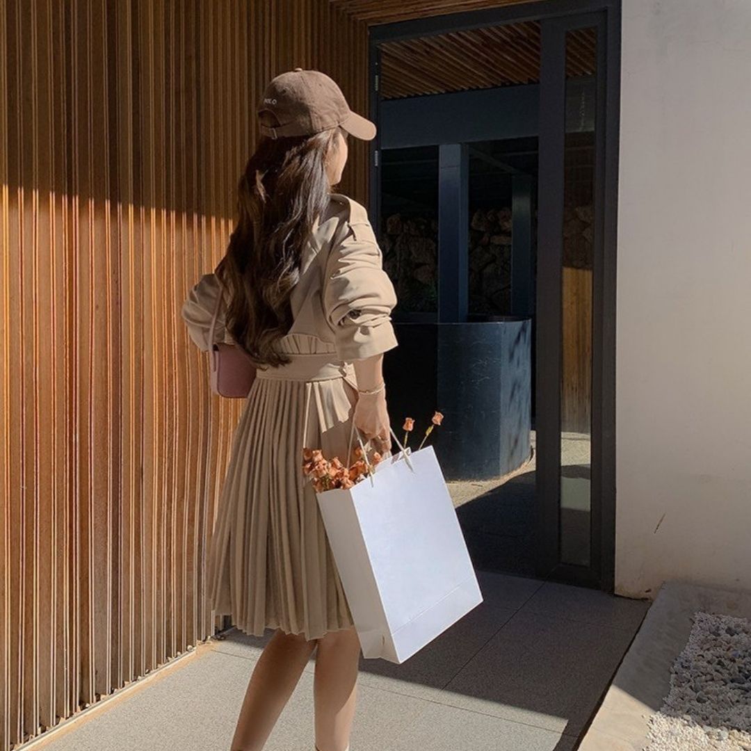 Classic Double Breasted Pleated Flowing Coat