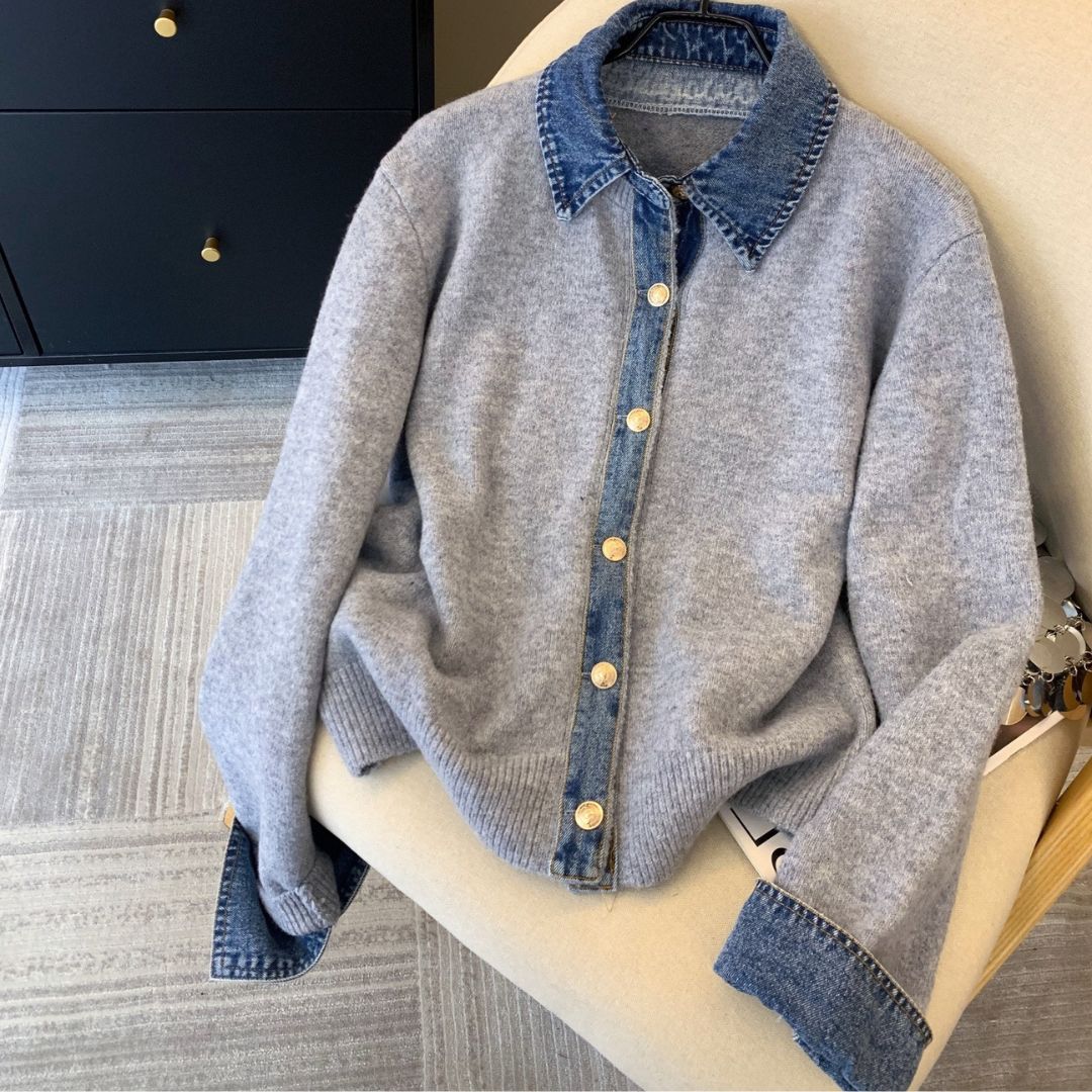 Denim Collar Patch Knit Sweater