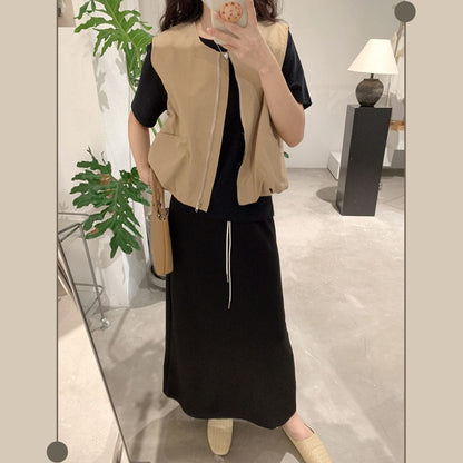 女士簡約斜口袋拉鍊背心