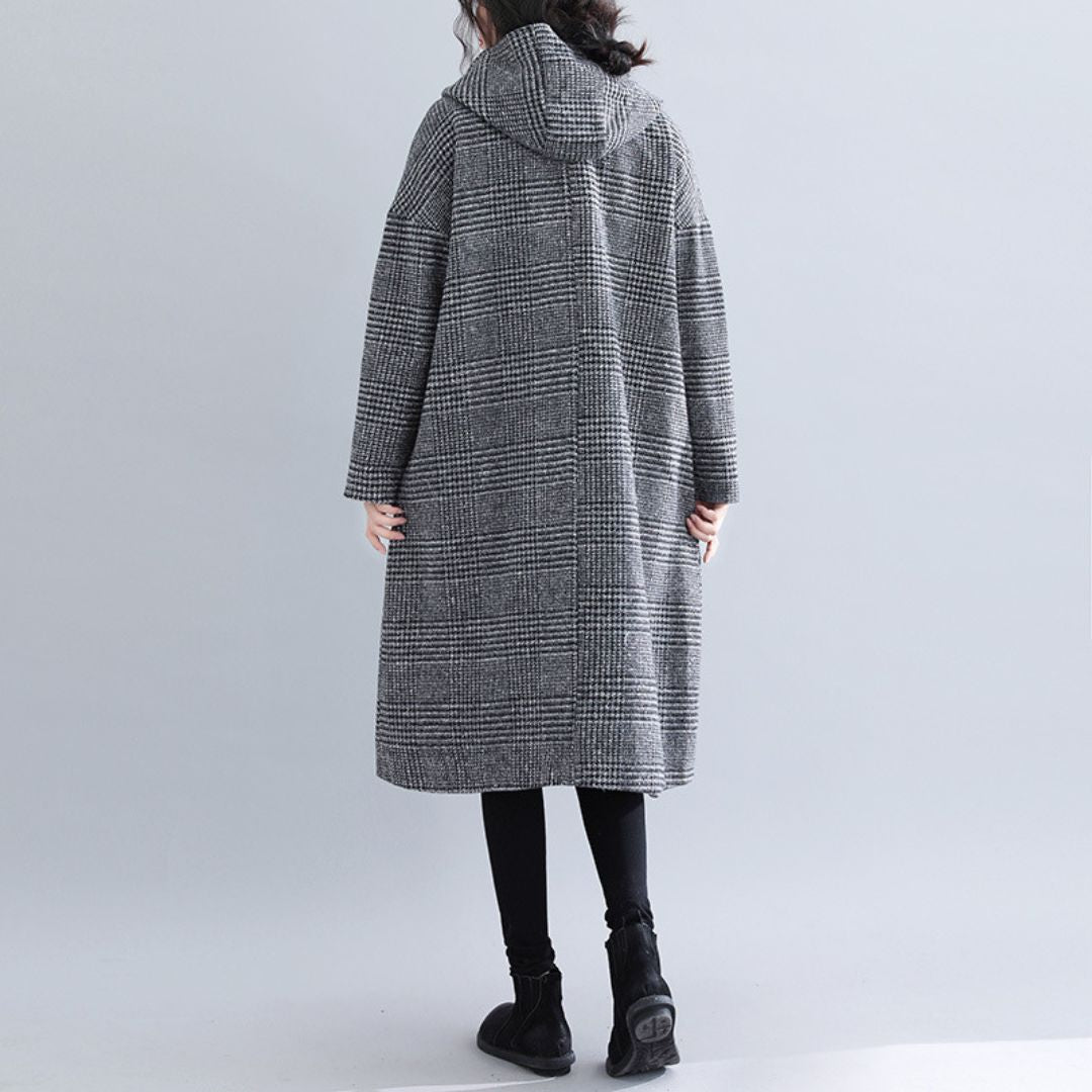Japanese-Style Houndstooth Mid-Length Coat