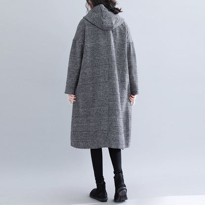 Japanese-Style Houndstooth Mid-Length Coat