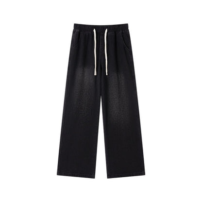 メンズ ドローストリングウエスト ストレート ワイドレッグ デニムパンツ 
