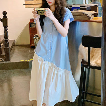 フレッシュブルー シャツ テールカット マキシドレス