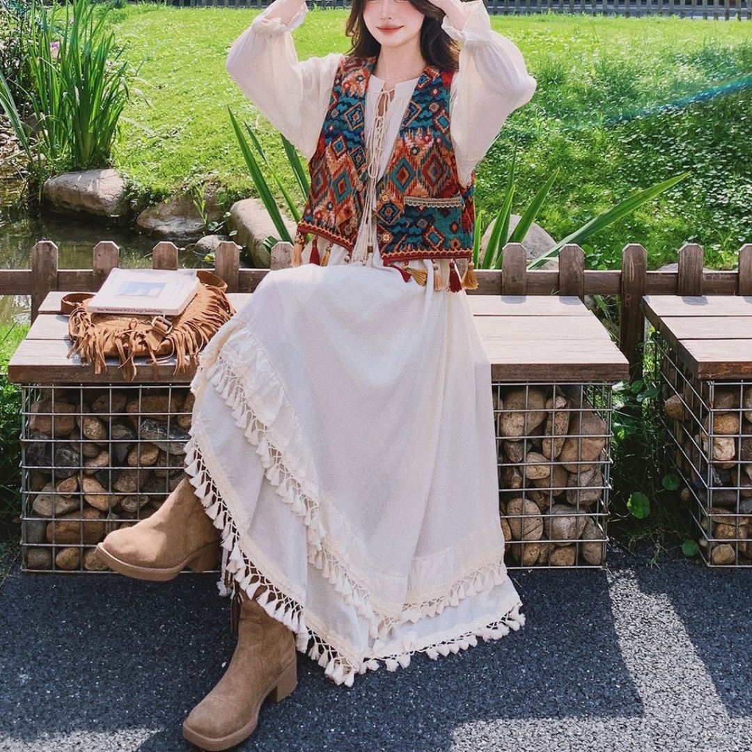 Ethnic Style Tassel Vest & Dress Two Piece Set