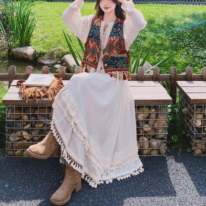 Ethnic Style Tassel Vest & Dress Two Piece Set