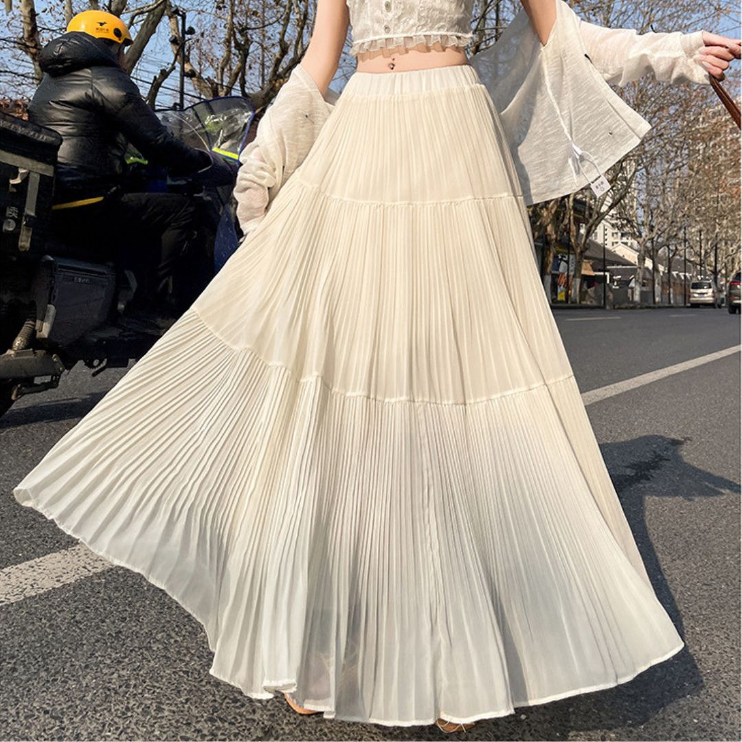 Spring-Summer High-Waist Flowy Pleated Maxi Skirt